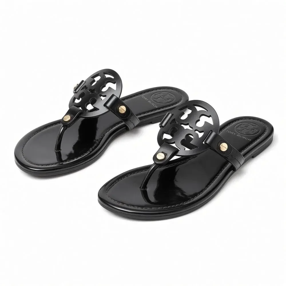 Tory Burch Miller Sandals Black Patent Leather Size 8.5